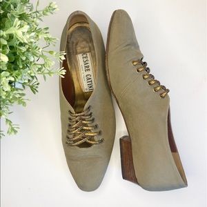 Olive Green Leather Oxford Flats